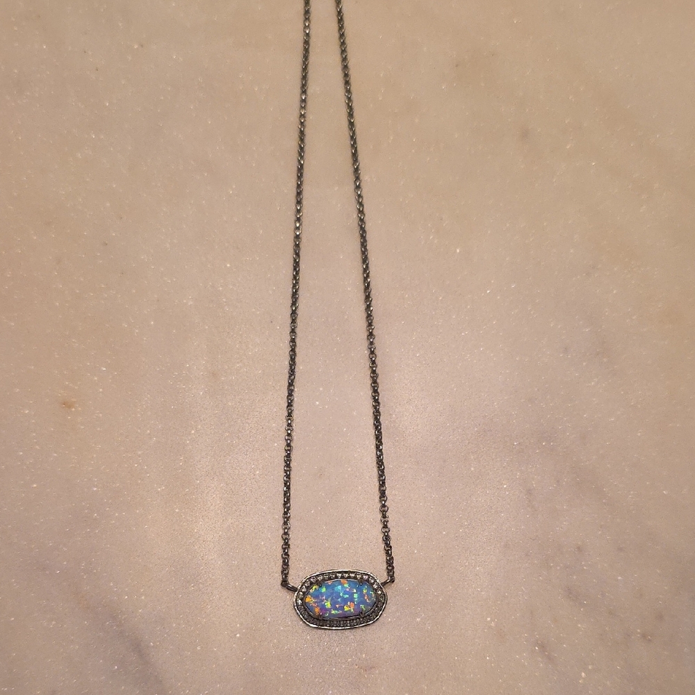 Kendra Scott Silver Necklace Iridescent Blue Pendant Kyocera Opal Halo Eloise